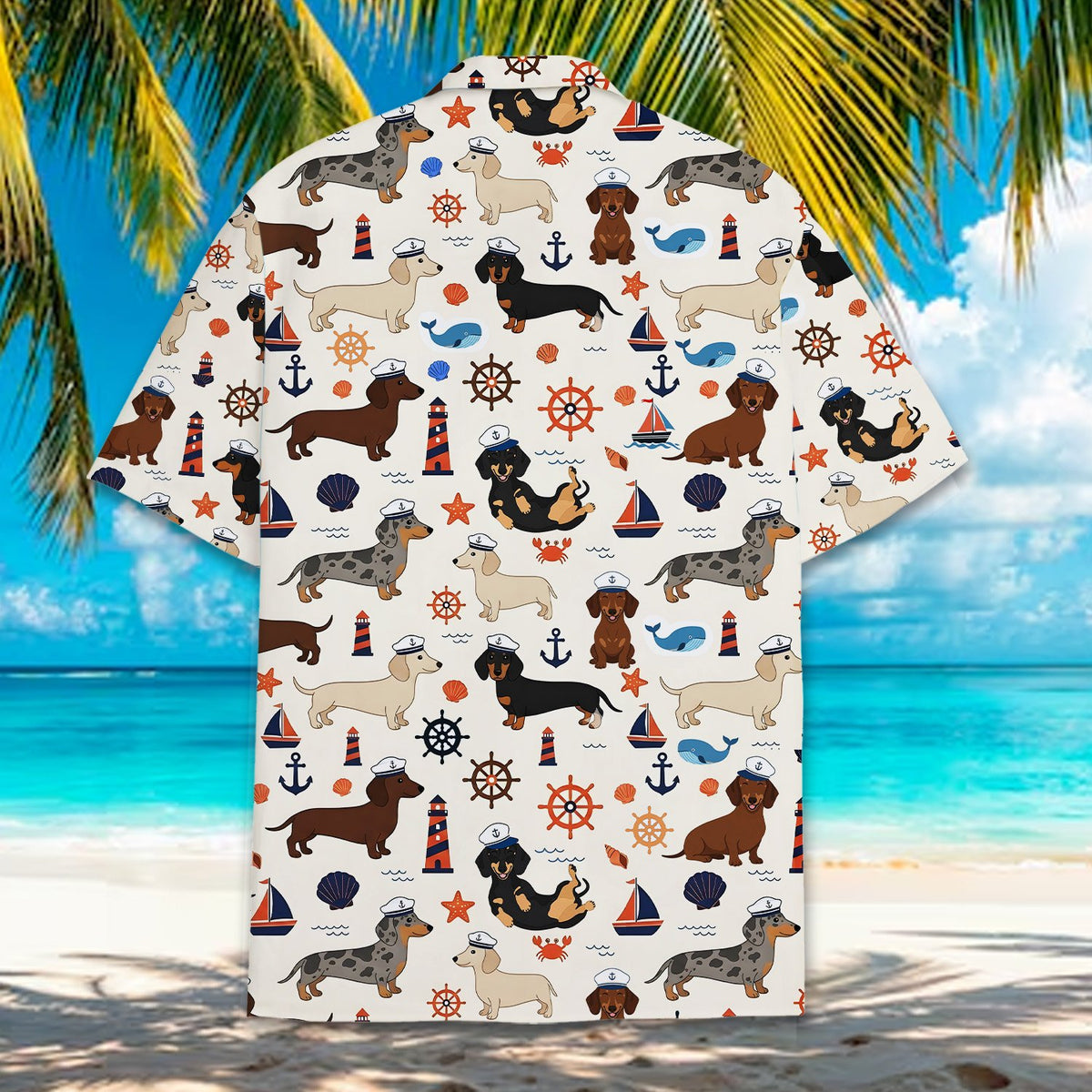 Nautical dachshund hawaiian shirt on a cream background, back view