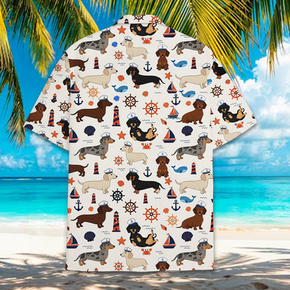 Nautical dachshund hawaiian shirt on a cream background, back view