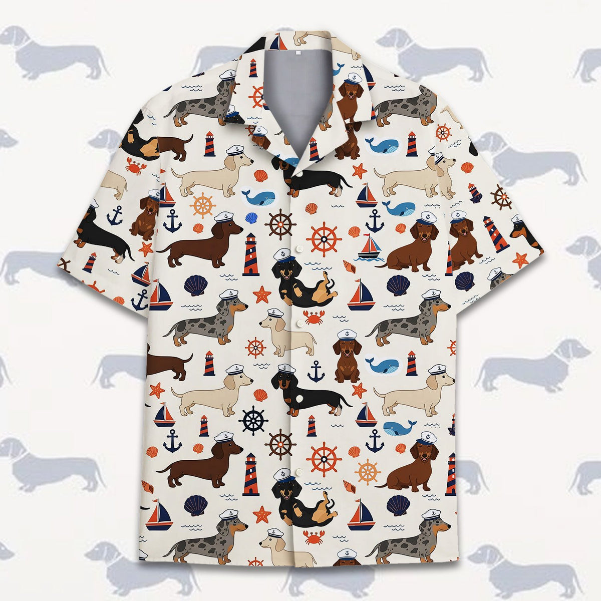 Nautical dachshund hawaiian shirt on a cream background, front view 2