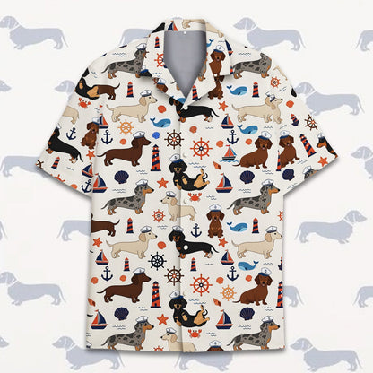 Nautical dachshund hawaiian shirt on a cream background, front view 2