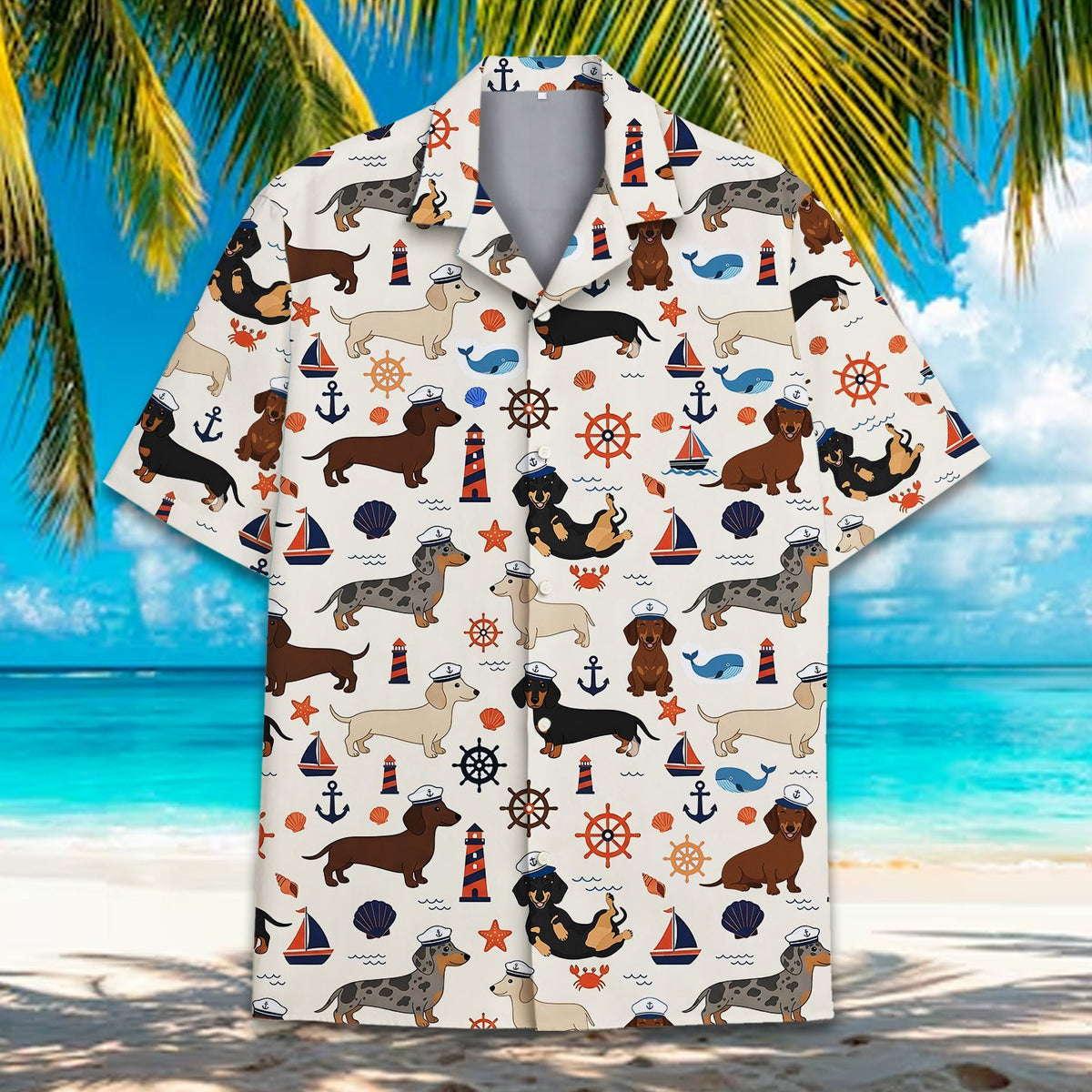 Nautical dachshund hawaiian shirt on a cream background, front view 3