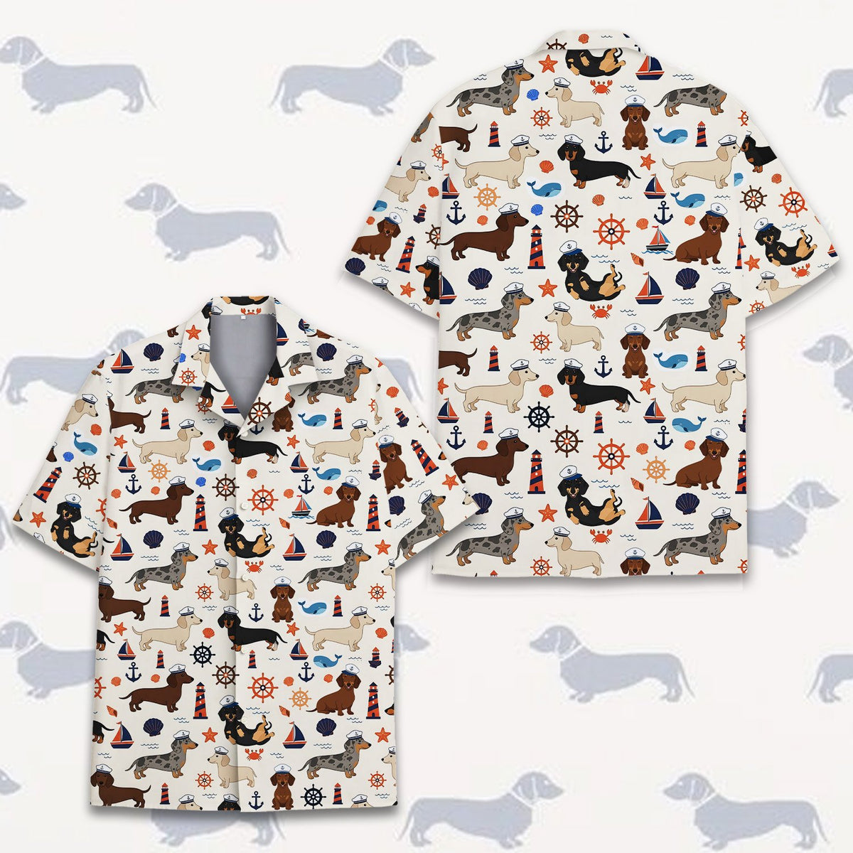 Nautical dachshund hawaiian shirt on a cream background, front view 4