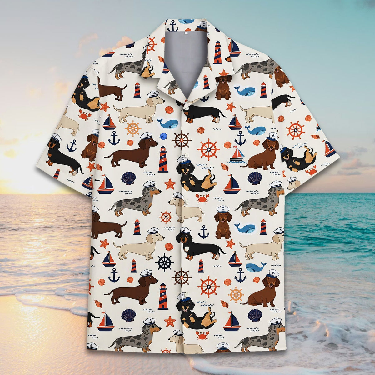 Nautical dachshund hawaiian shirt on a cream background, front view