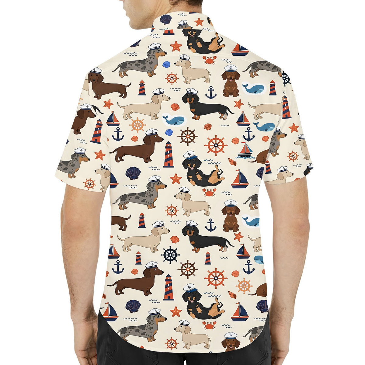 Family wearing matching nautical dachshund hawaiian shirts, lifestyle view 2