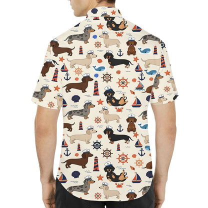 Family wearing matching nautical dachshund hawaiian shirts, lifestyle view 2