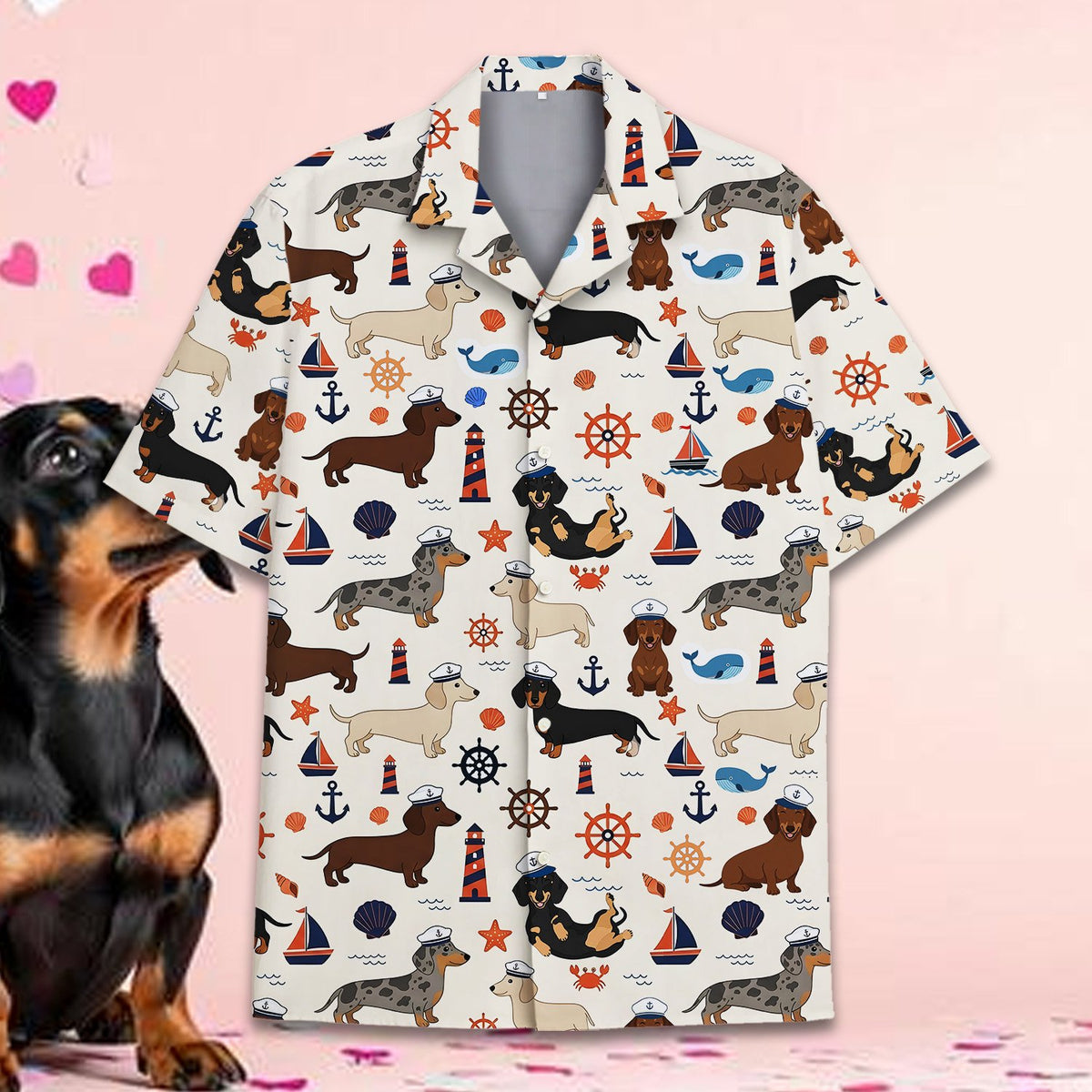 Family wearing matching nautical dachshund hawaiian shirts, lifestyle view 3