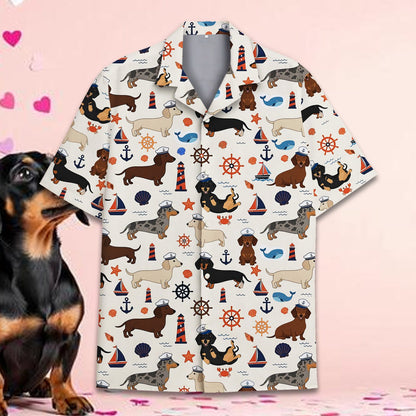 Family wearing matching nautical dachshund hawaiian shirts, lifestyle view 3