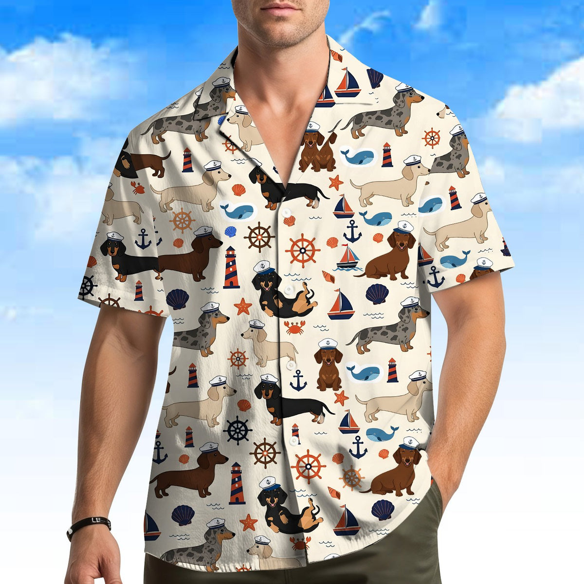Family wearing matching nautical dachshund hawaiian shirts, lifestyle view 4