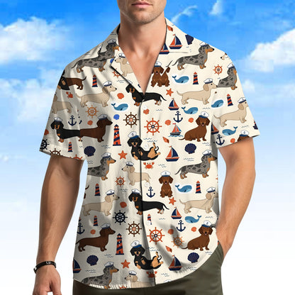 Family wearing matching nautical dachshund hawaiian shirts, lifestyle view 4