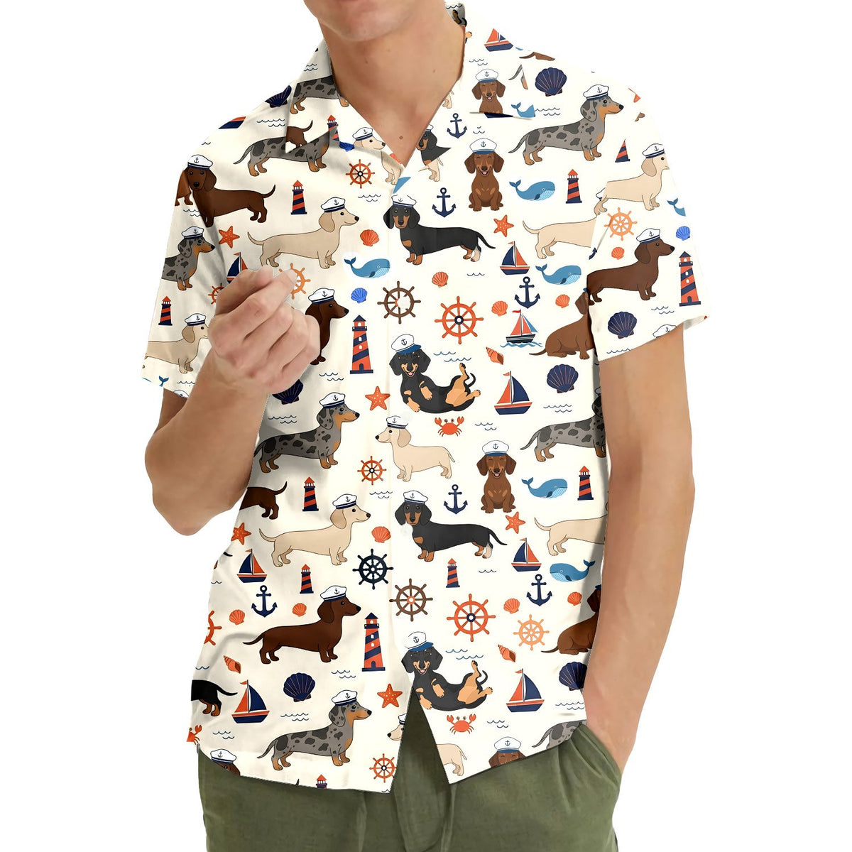 Family wearing matching nautical dachshund hawaiian shirts
