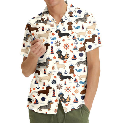 Family wearing matching nautical dachshund hawaiian shirts