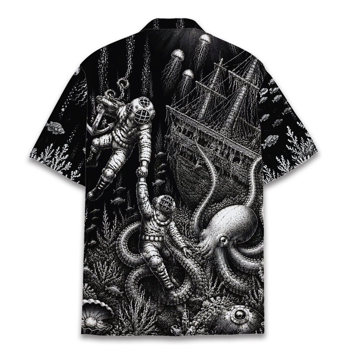 Back view of nautical deep sea hawaiian shirt