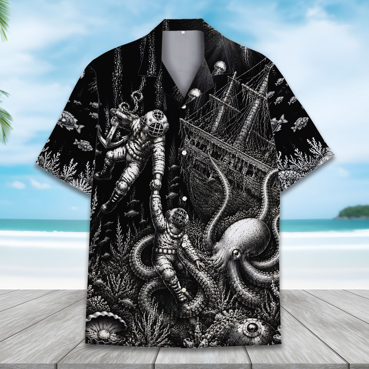 Close up of deep sea diver illustration on hawaiian shirt