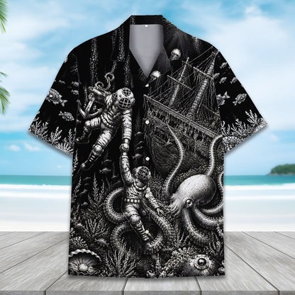 Close up of deep sea diver illustration on hawaiian shirt