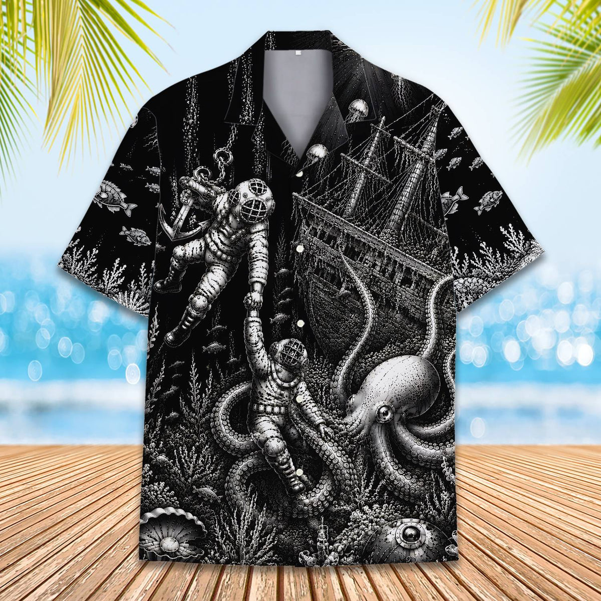 Close up of giant octopus illustration on black and white hawaiian shirt