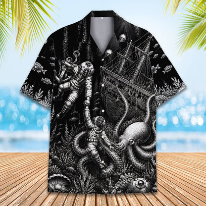 Close up of giant octopus illustration on black and white hawaiian shirt