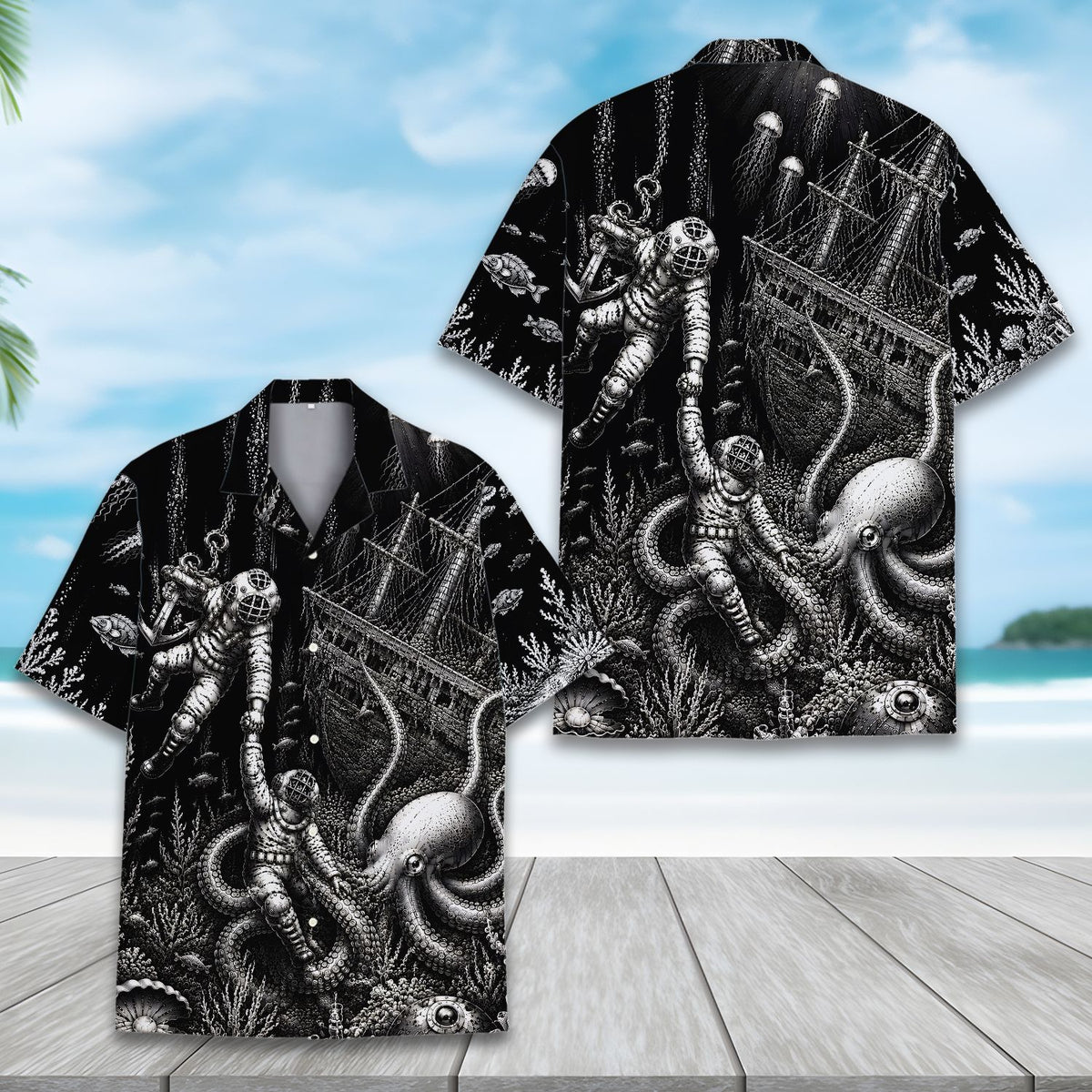 Matching family hawaiian shirts with deep sea design, front view