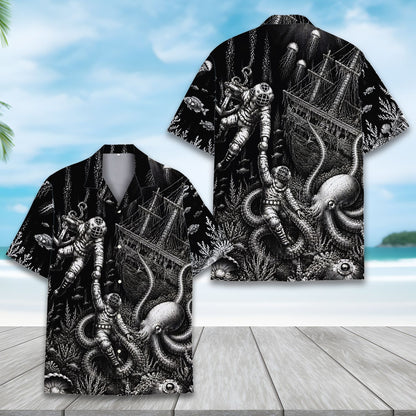 Matching family hawaiian shirts with deep sea design, front view