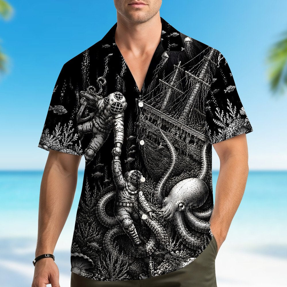 Family hawaiian shirts in a deep sea theme, lifestyle view