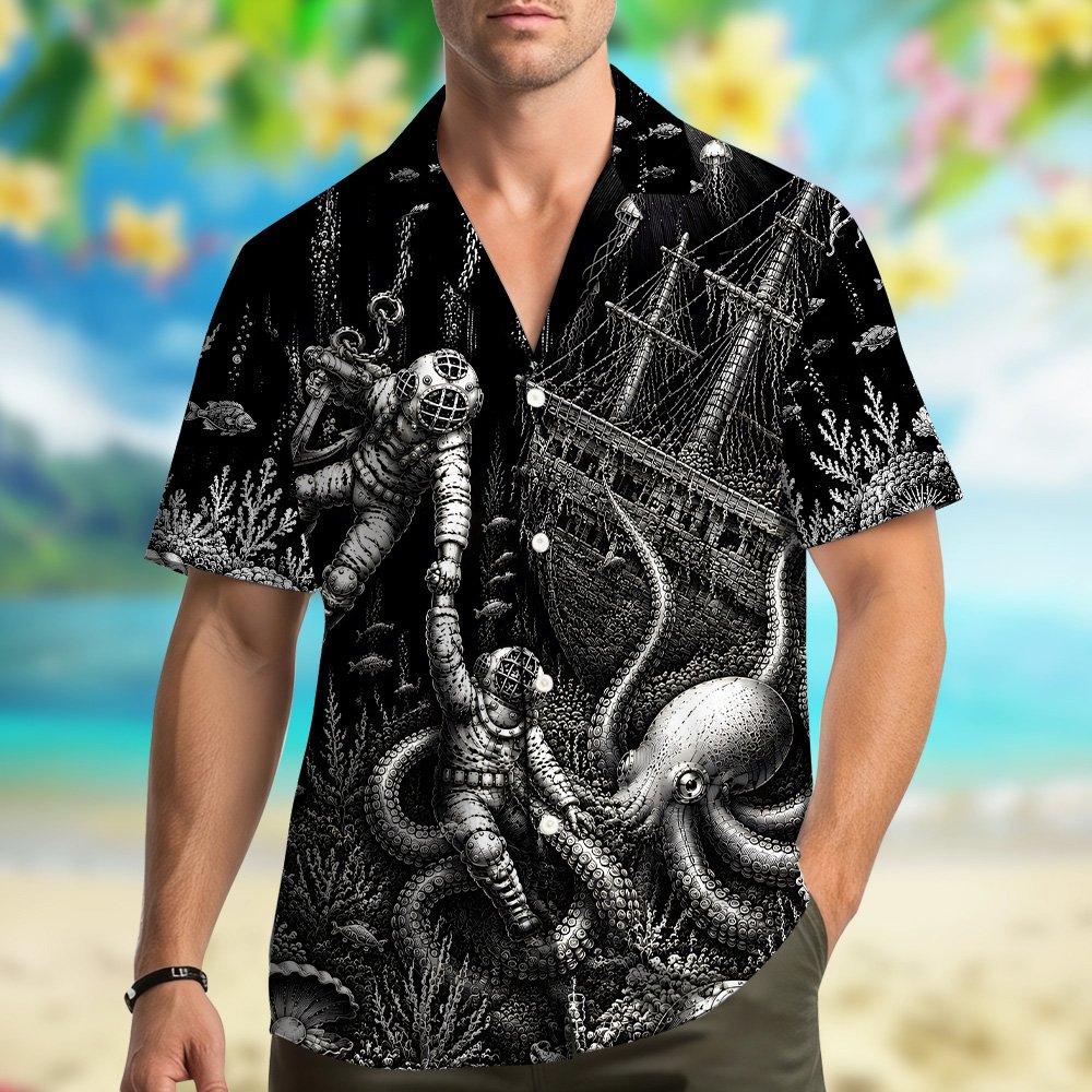 Lifestyle view of family wearing matching nautical deep sea hawaiian shirts