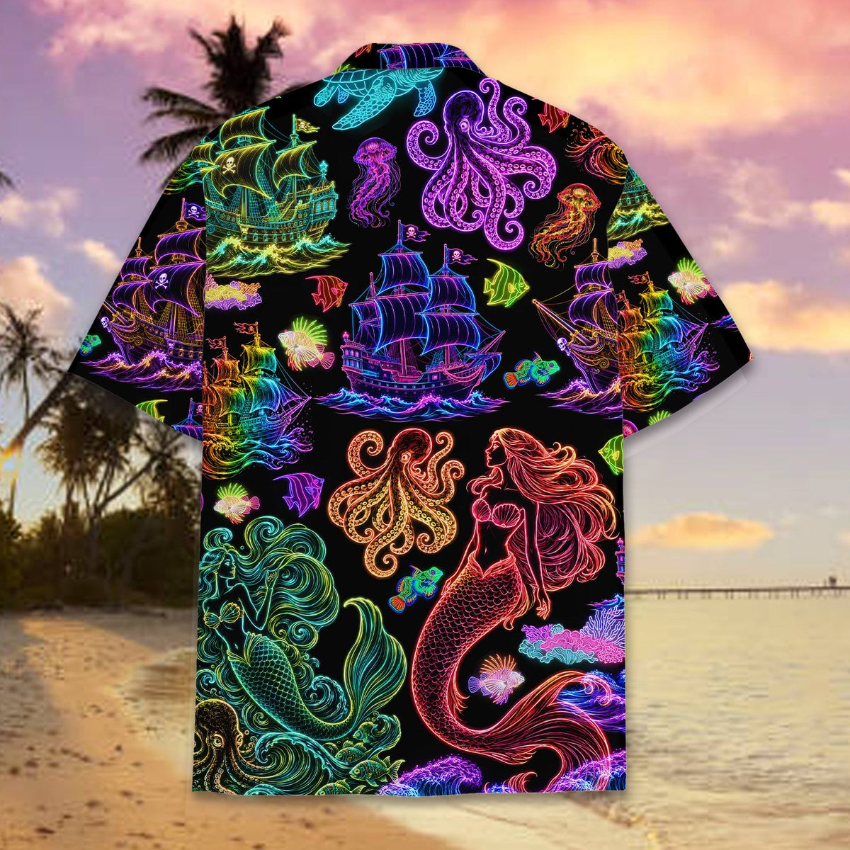 Matching family hawaiian shirts back view black and multicolor design