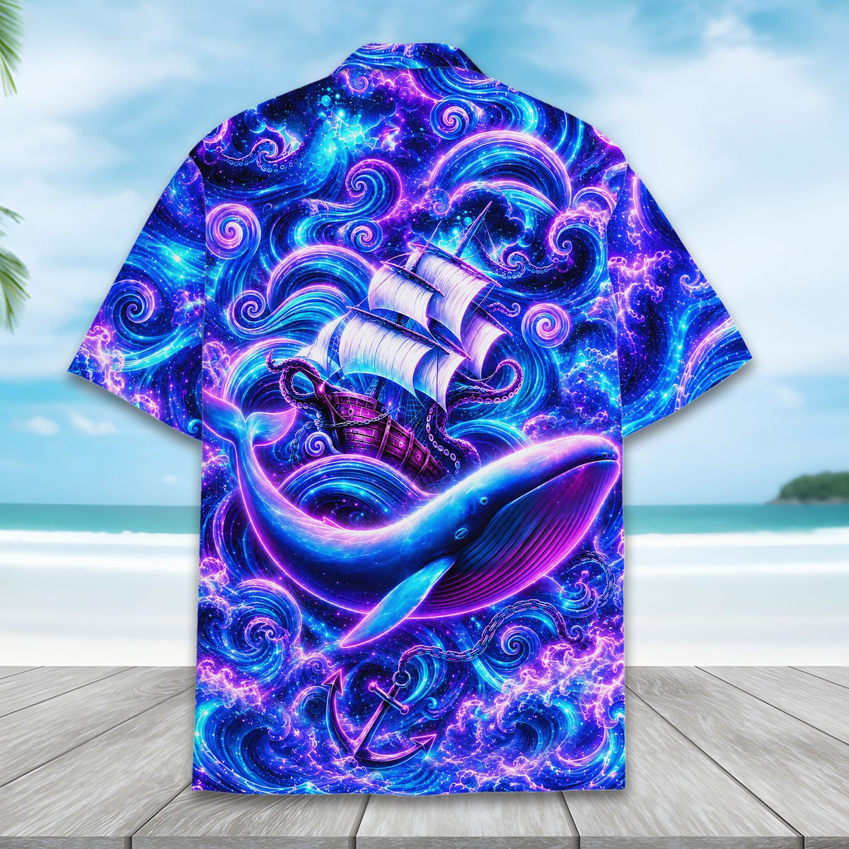 Alternative back view of the nautical fantasy hawaiian shirt