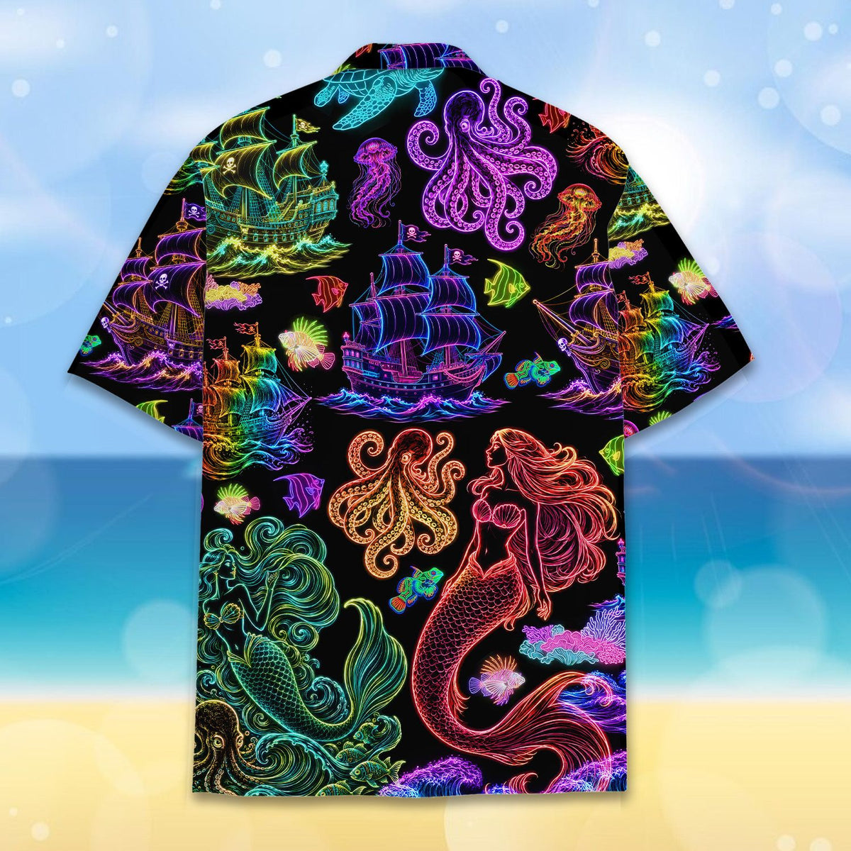 Black nautical hawaiian shirt back detail with glowing fish and octopuses