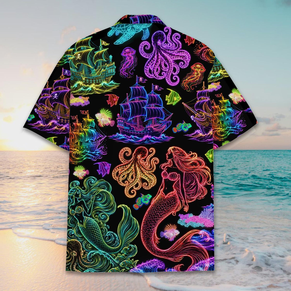 Nautical fantasy hawaiian shirt back view with neon line art