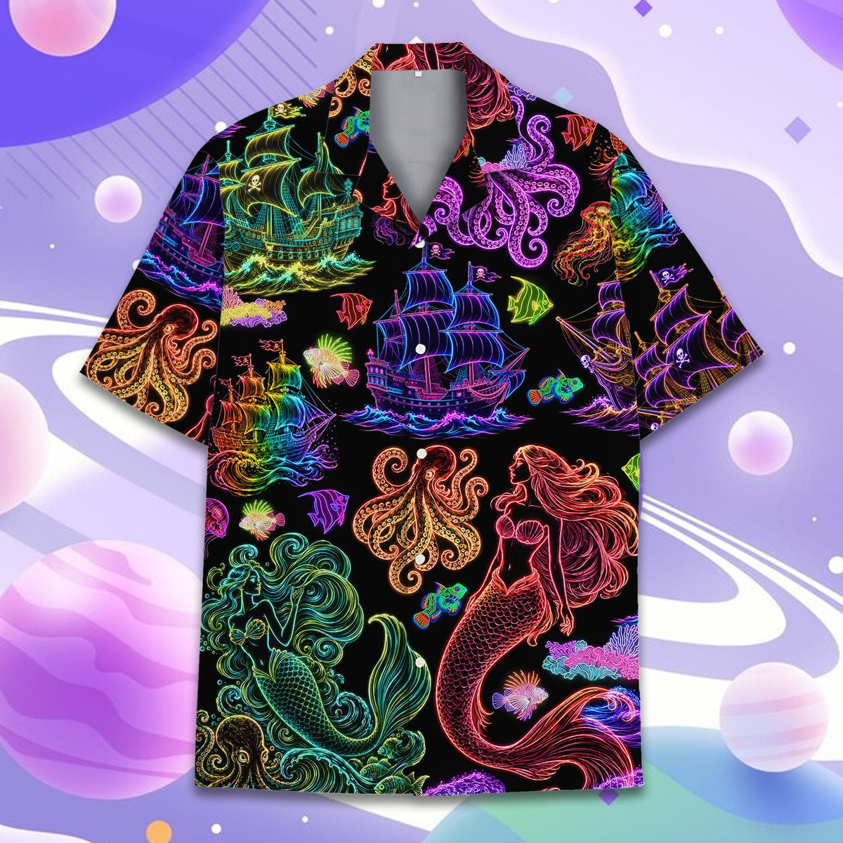 Black nautical hawaiian shirt featuring neon line art pattern front view