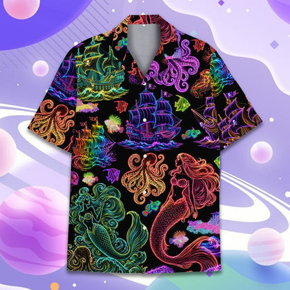 Black nautical hawaiian shirt featuring neon line art pattern front view