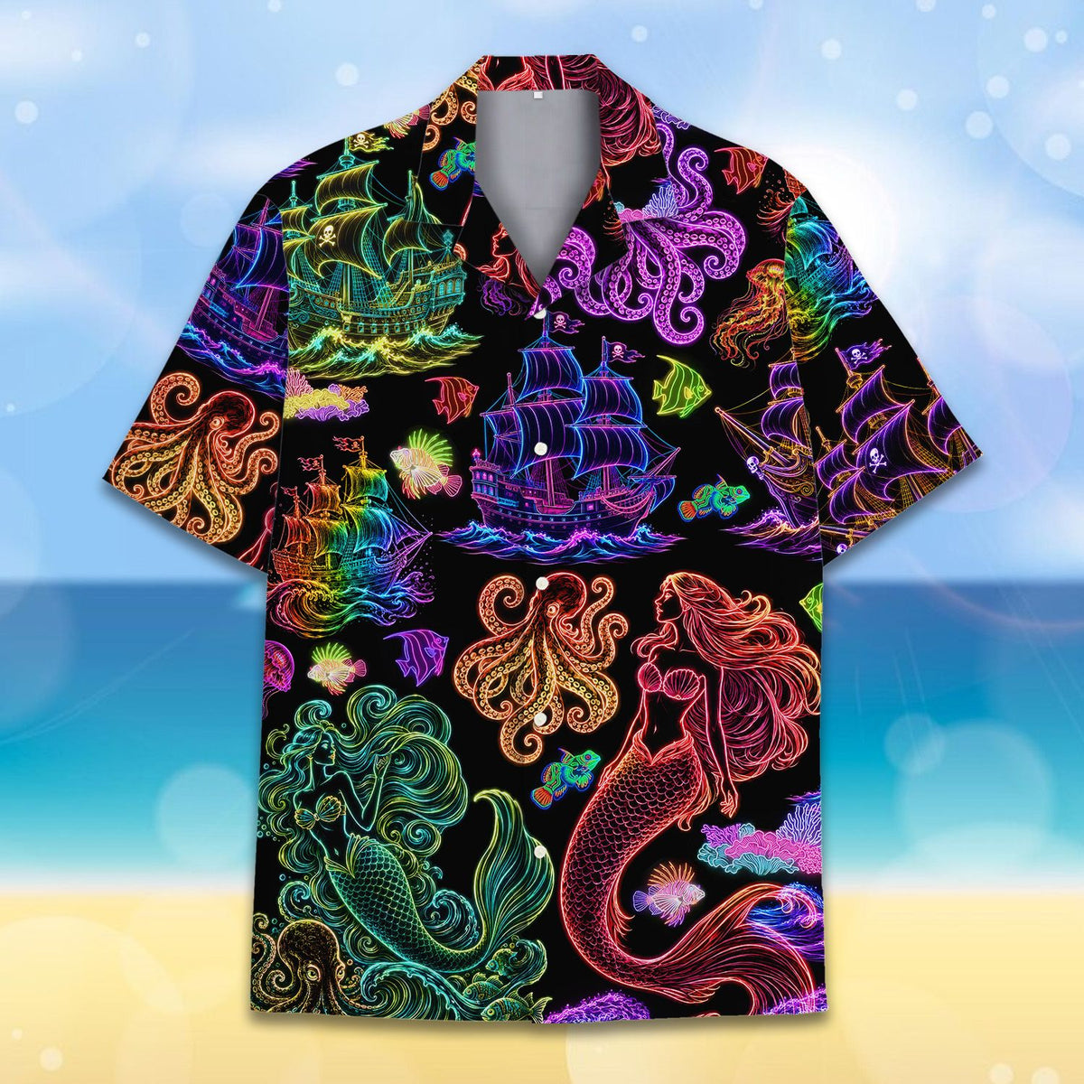 Summer hawaiian shirt with glowing pink and blue ocean elements front view