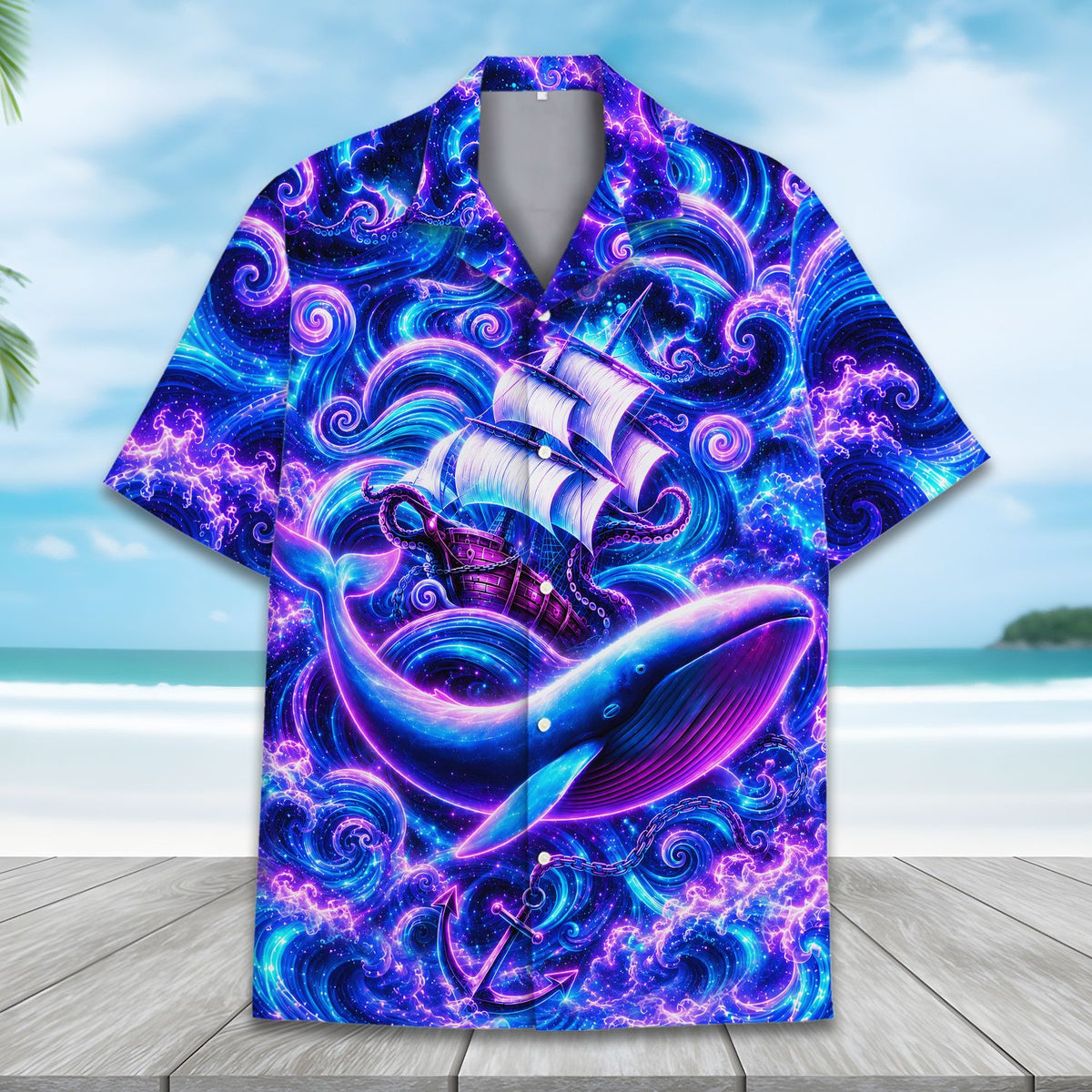 Alternative front view showing bright neon colors on the fantasy hawaiian shirt