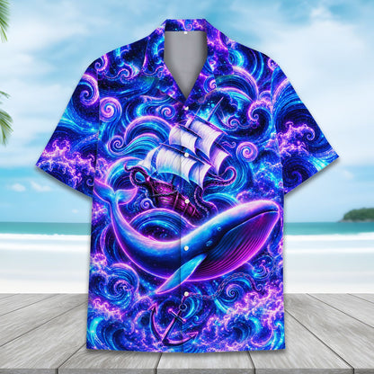 Alternative front view showing bright neon colors on the fantasy hawaiian shirt