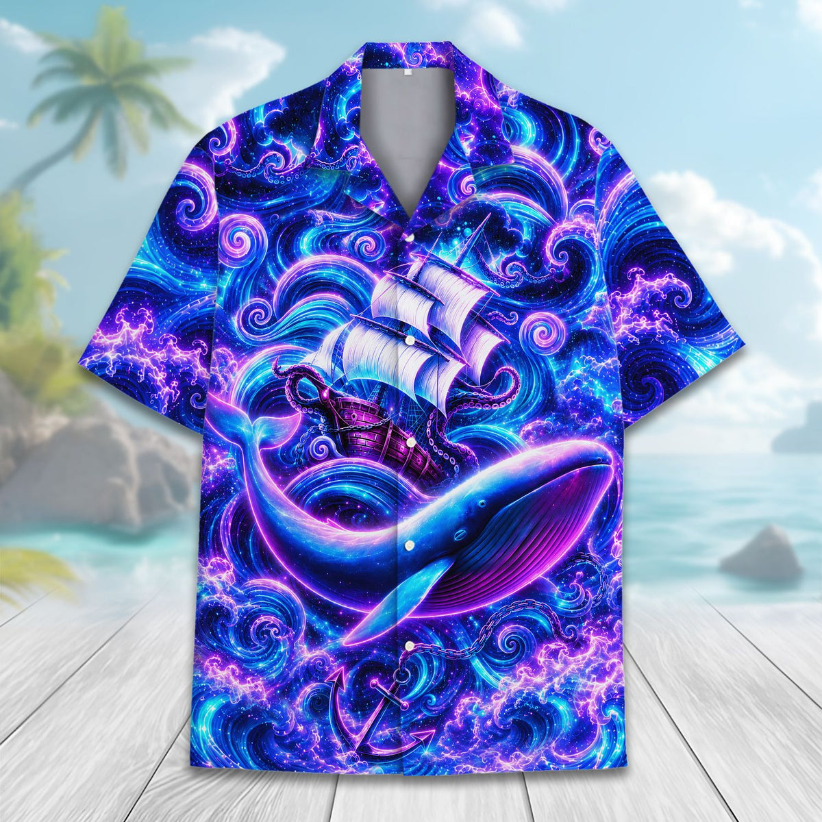 Another front view of the blue nautical hawaiian shirt