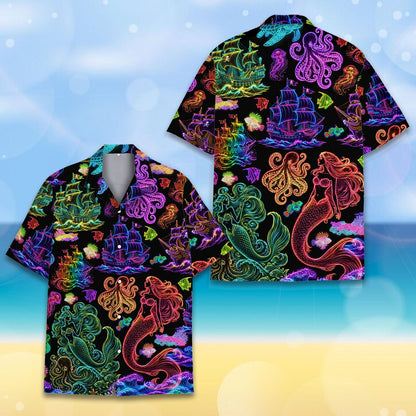 Nautical fantasy hawaiian shirt showing intricate jellyfish and mermaid art front view