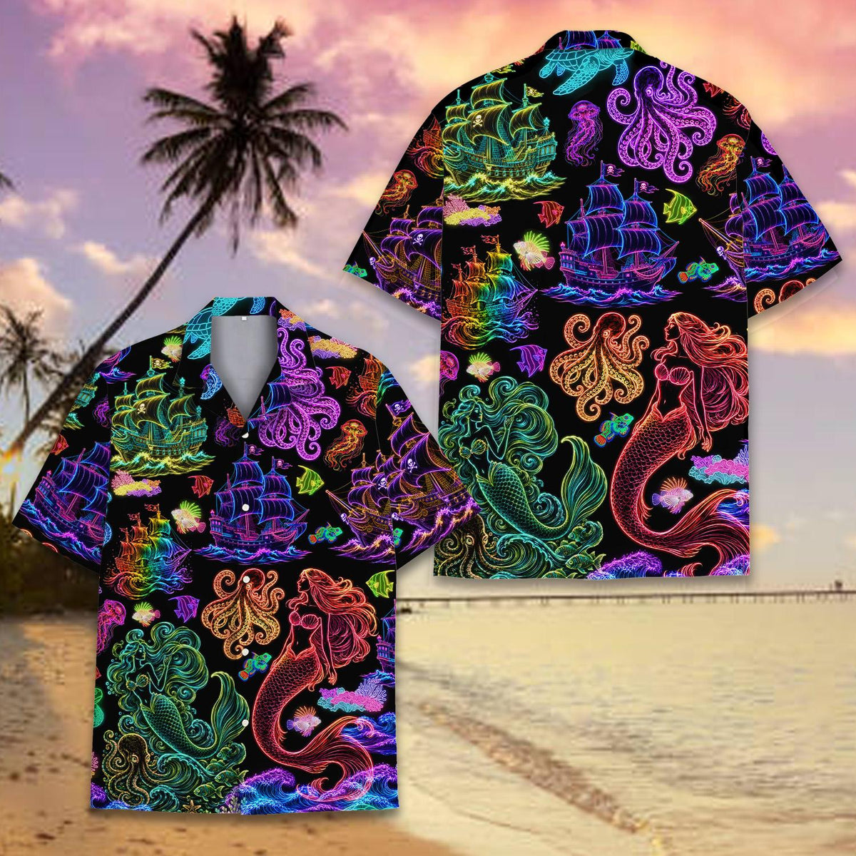 Vibrant multicolor on black hawaiian shirt front view