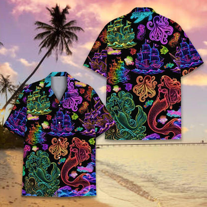 Vibrant multicolor on black hawaiian shirt front view