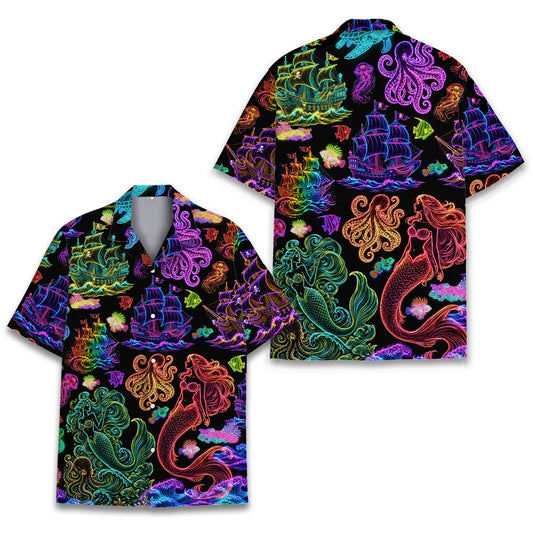 Nautical fantasy hawaiian shirt with neon sea creatures and pirate ships, main view