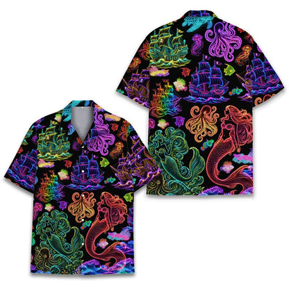Matching family hawaiian shirts front view with vibrant neon nautical design