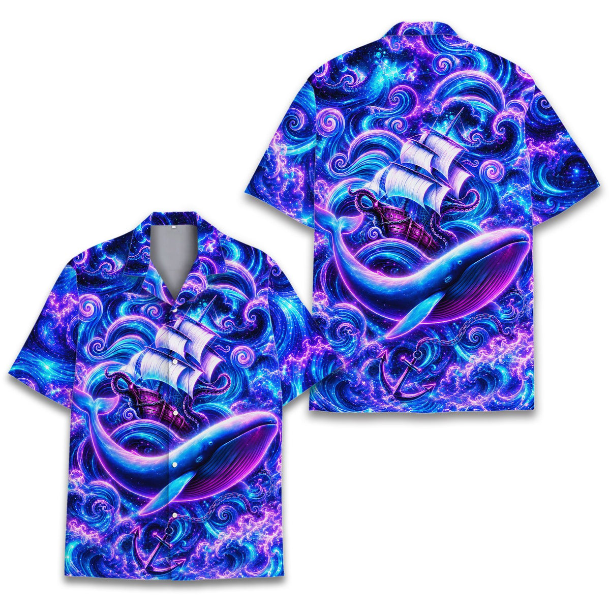Fantasy hawaiian shirt featuring a surreal nautical whale design in blue and purple
