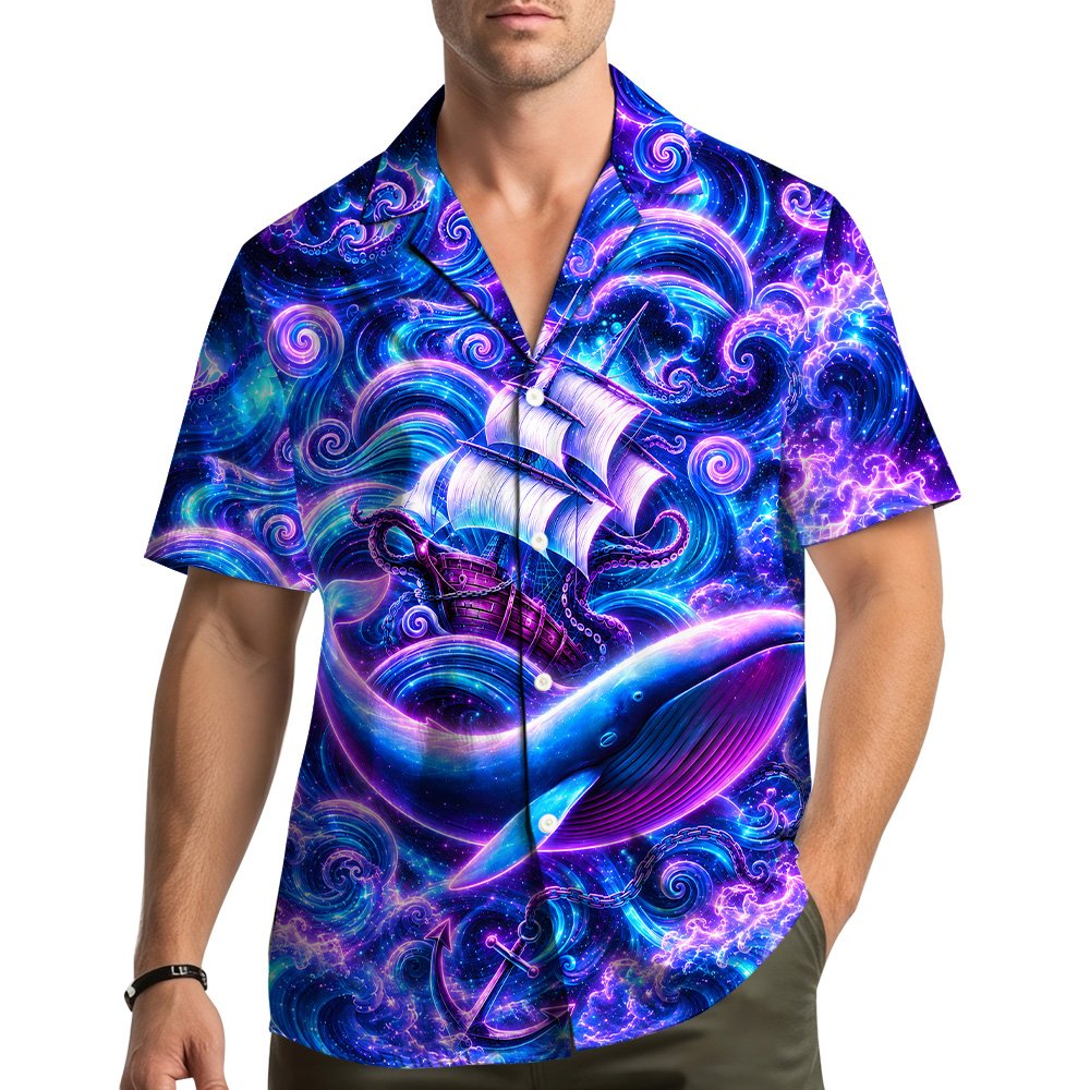 Lifestyle image of the fantasy hawaiian shirt being worn