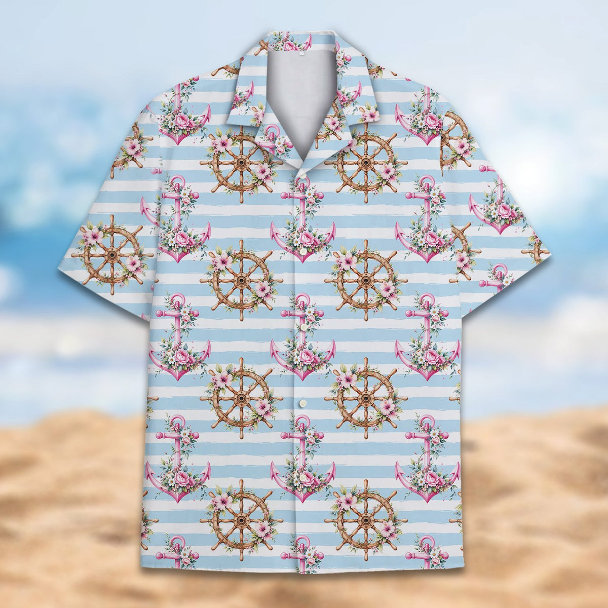 Close-up front view of nautical floral hawaiian shirt