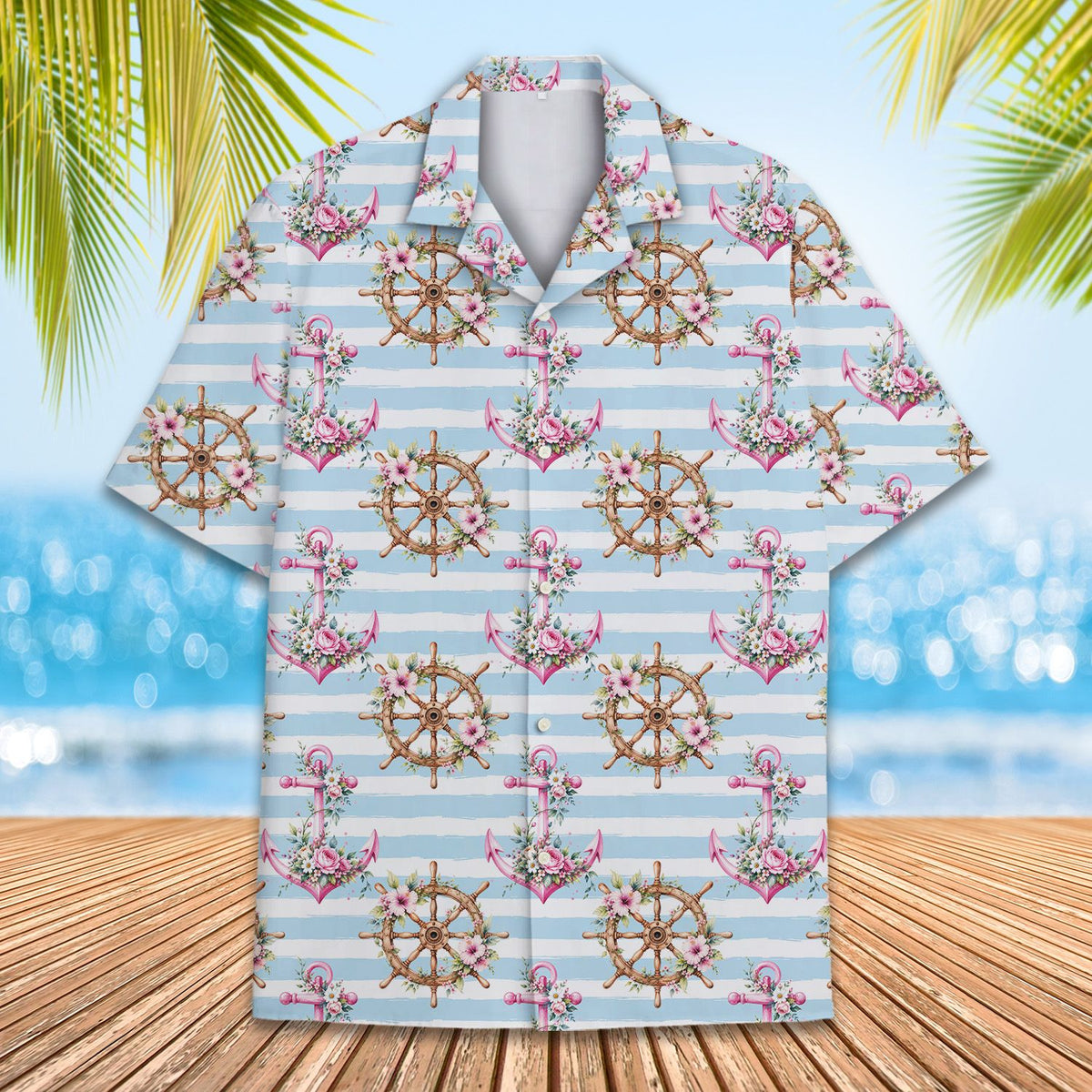 Another front view of the blue nautical hawaiian shirt