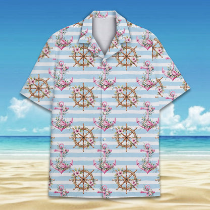 Nautical floral hawaiian shirt with blue stripes and floral anchors, main view