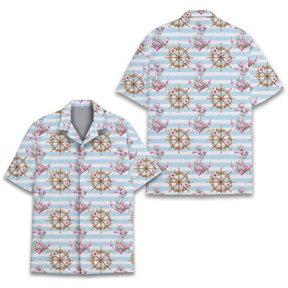 Detailed view of the nautical floral hawaiian shirt fabric pattern