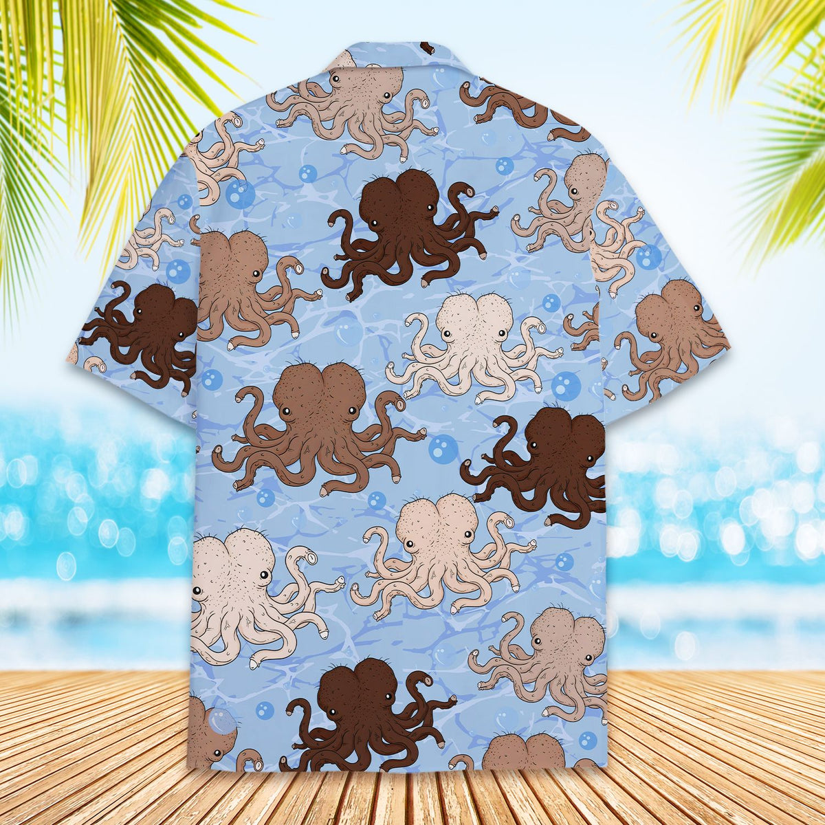 Matching family hawaiian shirts with a nautical funny octopus design in light blue, back detail view