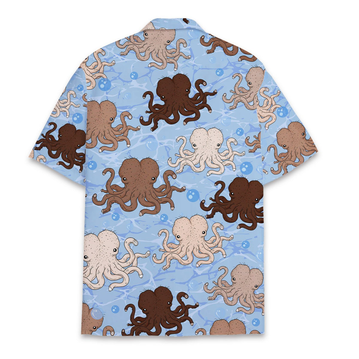 Matching family hawaiian shirts with a nautical funny octopus design in light blue, back view