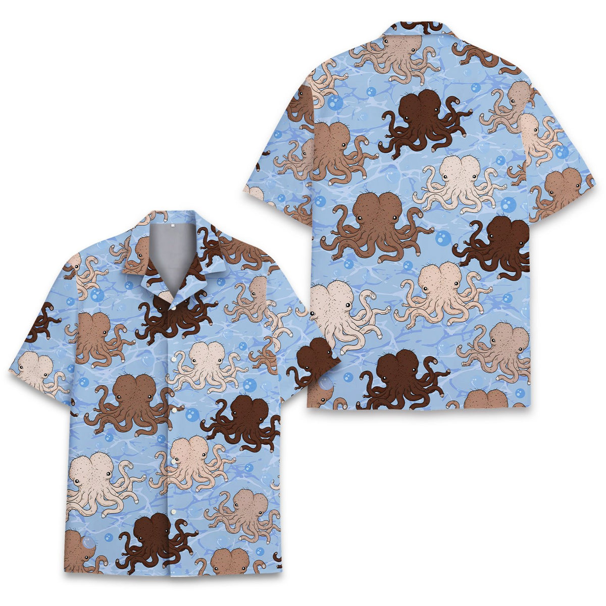 Matching family hawaiian shirts with a nautical funny octopus design in light blue, front detail view