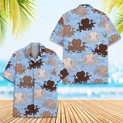 Matching family hawaiian shirts with a nautical funny octopus design in light blue, front close-up view