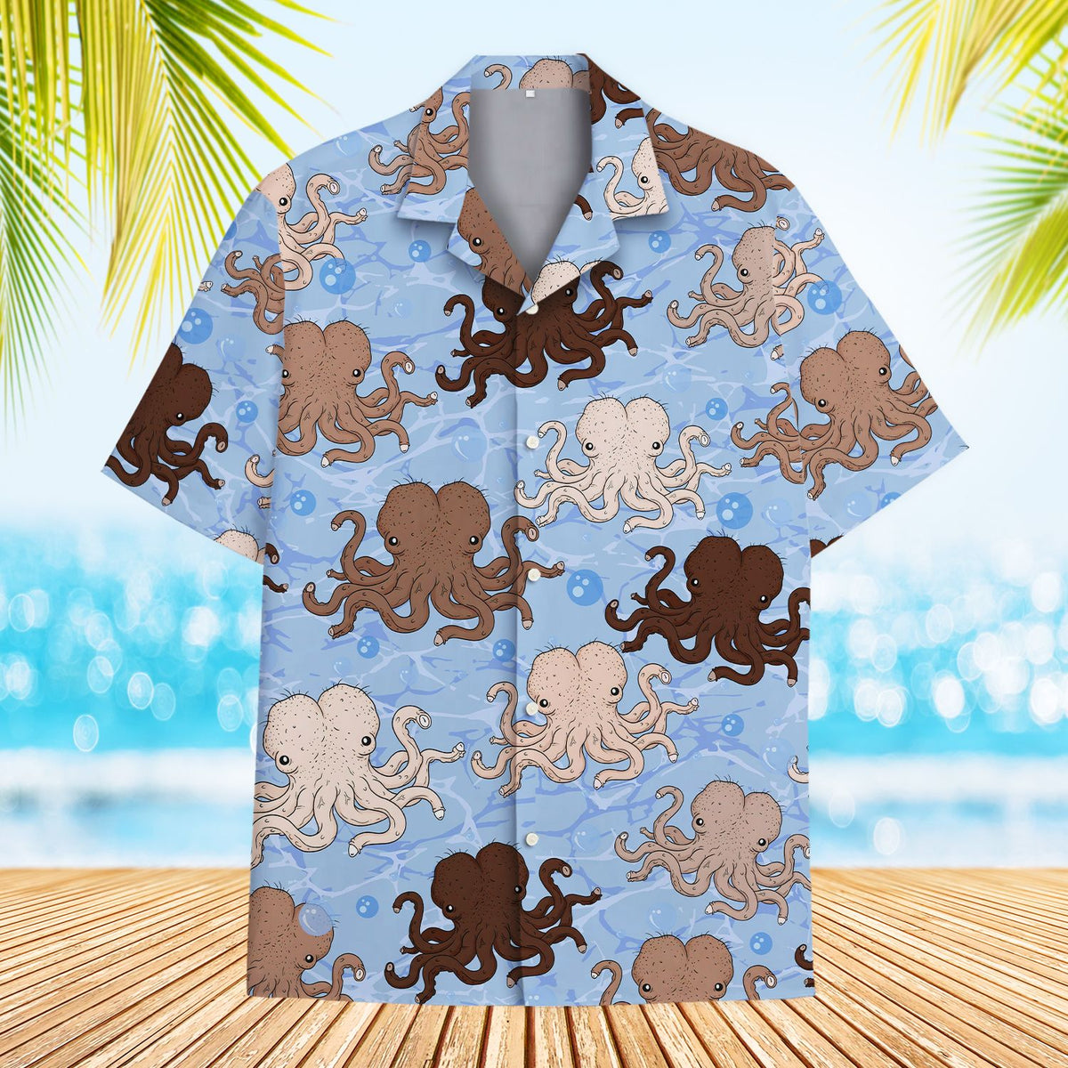 Matching family hawaiian shirts with a nautical funny octopus design in light blue, main view